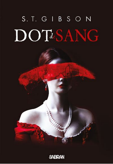 Couverture avec un fond noir, une femme très blanche habillée avec un décolté et une robe rouge. Le visage de la femme est barré avec ce qui semblerait être du sang. Le titre est affiché en blanc au dessus de cette personne, le mot &ldquo;sang&rdquo; en rouge.