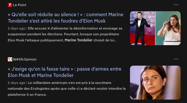 Capture d’écran de l&rsquo;onglet d&rsquo;actualité sur DDG avec l’ingérence de Elon Musk qui attaque Marine Tondelier, candidate aux élections présidentielles françaises de 2027